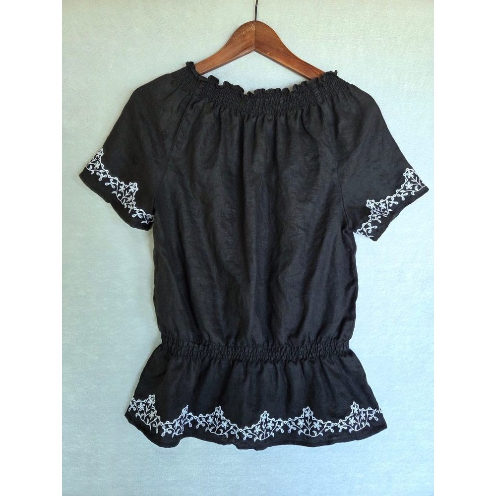Ecologie 100% Linen Peasant Top M Black Dark Boho Cottagecore Floral Embroidered - Picture 6 of 8